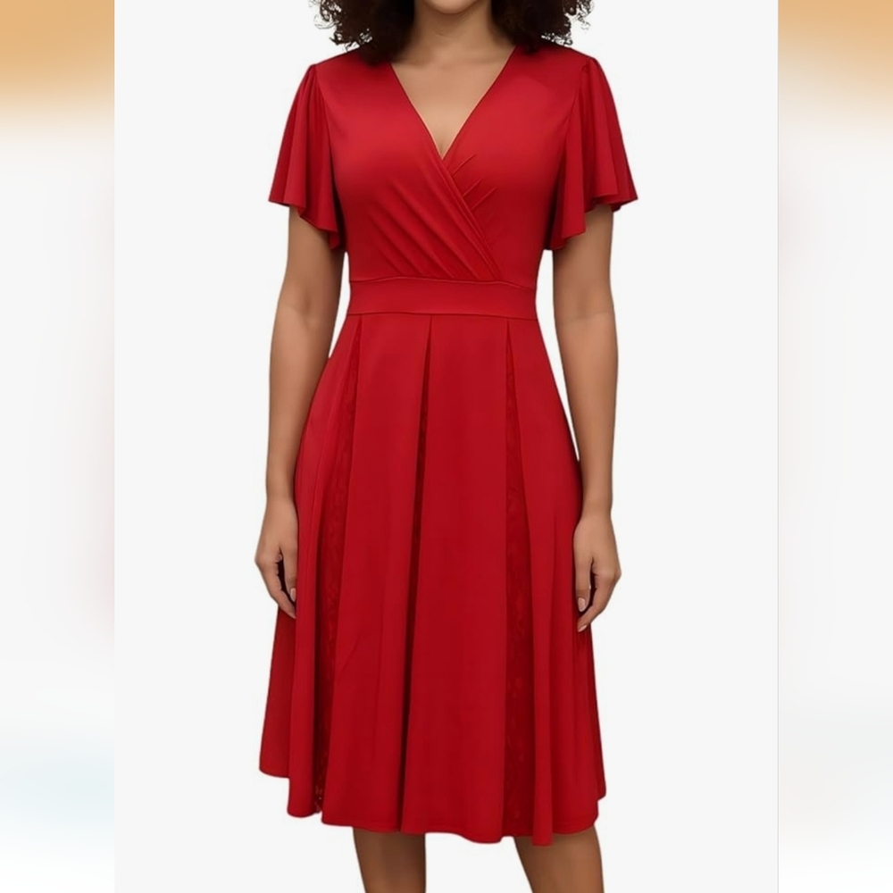 PaladMom Woman's Short Flutter Sleeve Plunge Neckline Lace Paneled Midi Dress